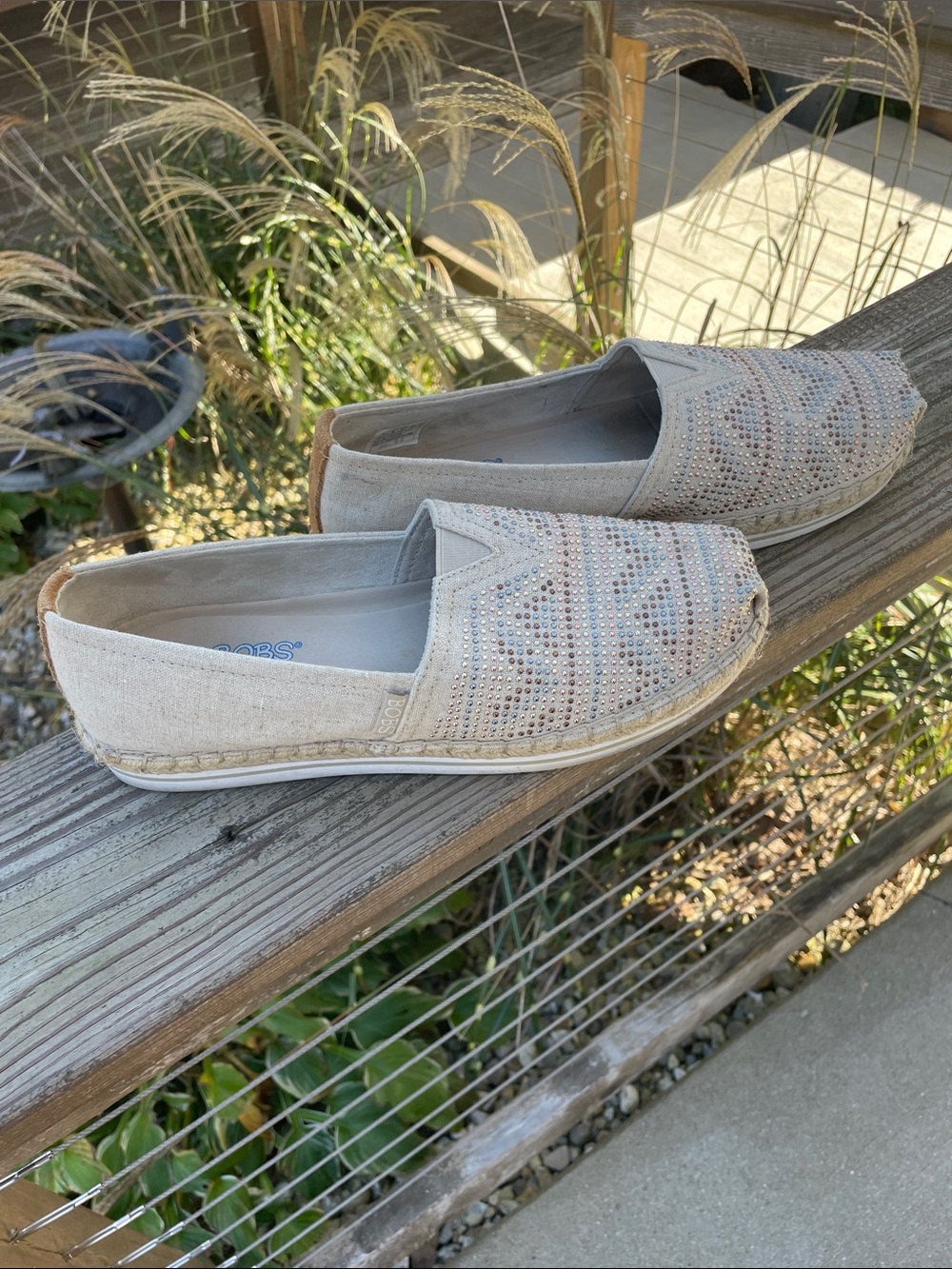 BOBS from Skechers Beige Espadrille Slip-On with Rhinestone Pattern